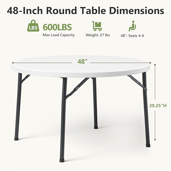 48" Folding Round Table, 48 inch Plastic Commercial Round Dinner Table with Foldable Steel Legs, Portable Card Table for Party, Events, Indoor, Outdoor, White