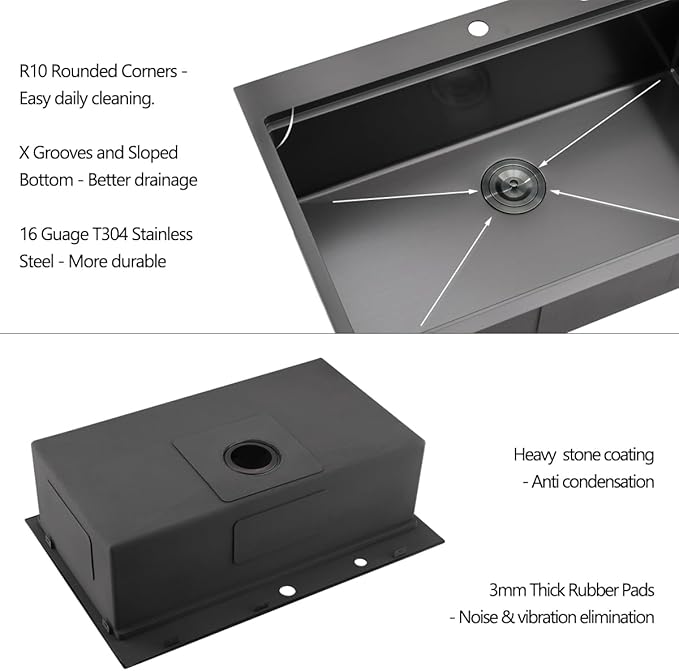 30 Drop in Black Stainless Steel Kitchen Sink, Luckyhorse 30x22 Inches 16 Gauge Nano Black Stainless Steel Single Bowl Topmount Workstation Kitchen Sink LH006SB
