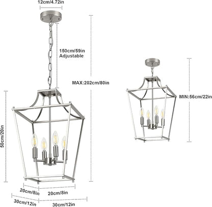 Lantern Pendant Lights, 12" Brushed Nickel Pendant Light Fixtures, 4-Light Adjustable Pendant Lighting for Kitchen Island Dining Room Living Room Foyer Stairway