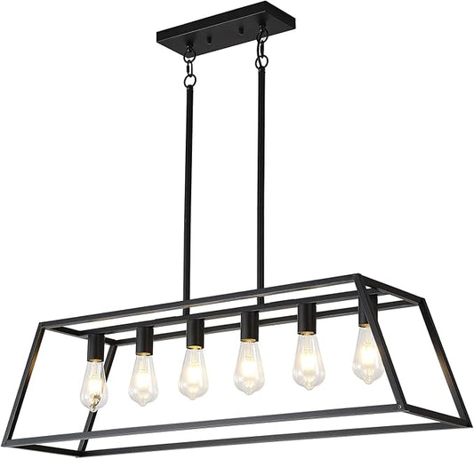 Farmhouse Rectangle Chandeliers for Dining Rooms, Modern Linear Hanging Light Fixture Matte Black 6-Light Industrial Pendant Lighting for Kitchen Island