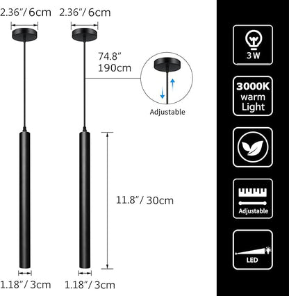 Pendant Lights Kitchen Island 2 Pack, Modern LED Pendant Light for Bedroom Bedside Table TV Background, Minimalist Black Pendant Light Fixture, Kitchen Island Light, Height Adjustable, 3000k