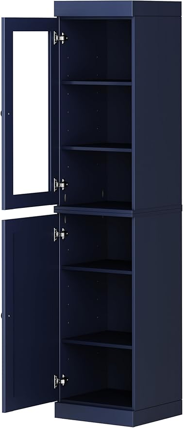 Palace Imports Solid Wood Kitchen Pantry - Narrow Storage Cabinet - 16.5" Wide x 71.5" Tall - 1 Raised Panel & 1 Glass Door, Navy Blue, Adjustable Shelves, 100% Eco-Friendly Wood, Modular Cabinets