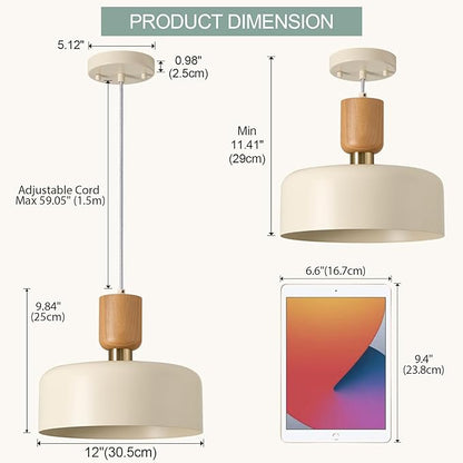 Modern Pendant Lighting,12 inch,Natural Wood and Brass Accent,Adjustable Pendant Light Fixtures for Kitchen Island,Dining Room,Soft Cream