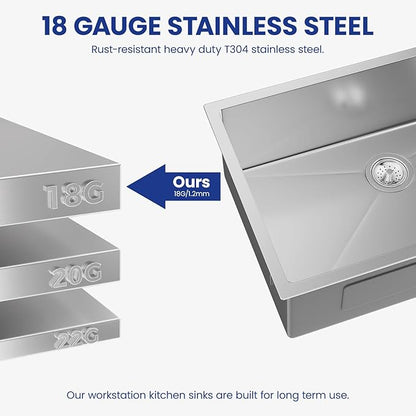 30 Inch Kitchen Sink Workstation - T304 18 Gauge Stainless Steel Single Bowl with Accessories for Drop In Installation 30x19x9 Inch