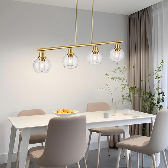 4-Light Linear Chandelier, Gold Chandelier Light Fixture, Kitchen Island Pendant Lighting with Clear Round Glass Shades