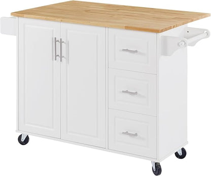 Modern Dining Table Expandable Kitchen Island Cart with Drop Countertop Cabinet Tower Rack Wheels Wood Console Luxury Decor,White