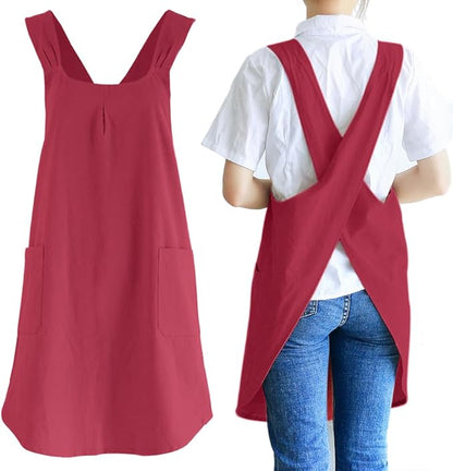 NEWGEM Japanese Cotton Linen Cross Back Cooking Apron for Women Men with Pockets Cute for Baking Kitchen