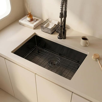 MILOSEN Black RV Kitchen Sink, 27''×16''×7'' 16 Gauge T304 Stainless Steel Drop-in/Undermount Black RV Sink, Single Bowl Sinks for Caravans/Campervans & Site Cabins, 7 inch Depth Outdoor Trailer Sinks