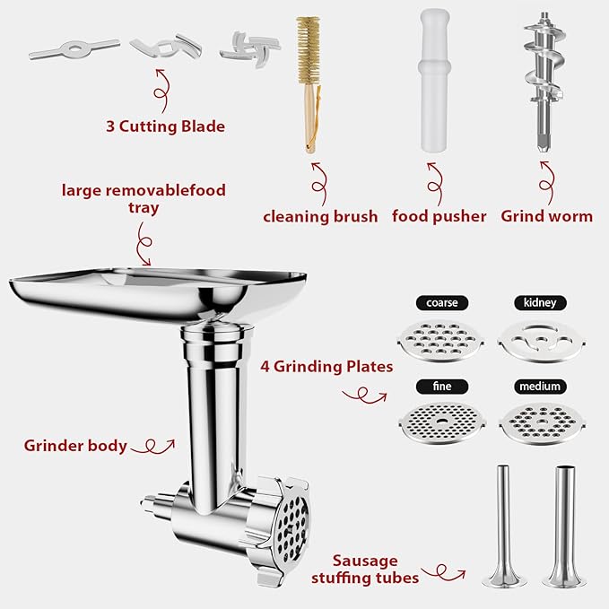21Pcs Meat Grinder & Cheese Grater Attachment for KitchenAid Stand Mixer, with 4 Grinding Plates, Metal Sausage Stuffer Tubes, 4 Slicer Shredder Attachment, Kitchen Aid Accessories and Attachments