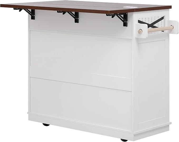 Ball & Cast Farmhouse Kitchen Island with Drape of Beads & Power Outlet, Rolling Kitchen Cart on 5 Wheels, 3 Drawers, Internal Iron Shelf & Towel Rack, for Kitchen & Dining Room, White