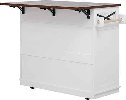 Ball & Cast Farmhouse Kitchen Island with Drape of Beads & Power Outlet, Rolling Kitchen Cart on 5 Wheels, 3 Drawers, Internal Iron Shelf & Towel Rack, for Kitchen & Dining Room, White
