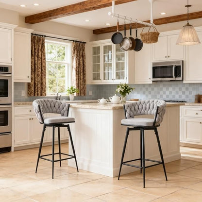 Set of 2 Swivel Bar Stools with Breathable Linen Cushions Light Gray Seat Black Iron Frame, Counter Height Stools for Kitchen Island, Dining or Pub