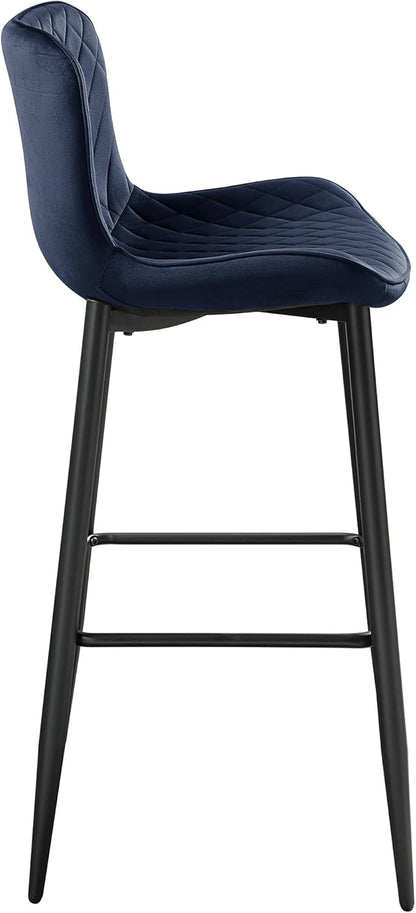 Lexicon Bar Stools Set of 2 - Bar Height Stools for Dining Room, Kitchen, Solid Padded Back, Tall, Black Metal Finish and Blue Velvet Cushion Seat, 29''SH