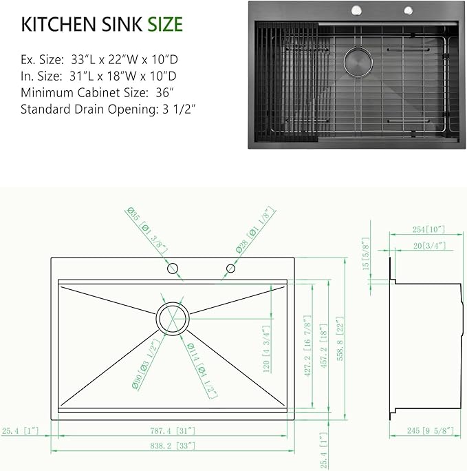 33 Inch Black Drop In Kitchen Sink, Swift Horse 33x22 Inch 16-Gauge Black Stainless Steel Single Bowl Workstation Kitchen Sinks with Accessories for Kitchen Remodel
