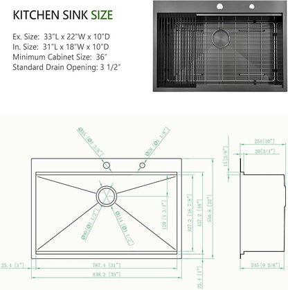 33 Inch Black Drop In Kitchen Sink, Swift Horse 33x22 Inch 16-Gauge Black Stainless Steel Single Bowl Workstation Kitchen Sinks with Accessories for Kitchen Remodel