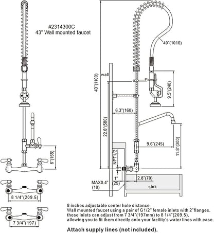 43" Height Commercial Kitchen Sink Faucet with Pre-Rinse Sprayer, 8 Inch Wall Mount Center Sink Faucet with Pull Down Spray Unit, Compartment Sink Faucet with 10" Swivel Spout for Restaurant