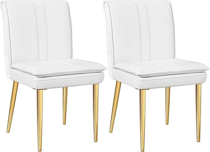 VECELO Upholstered PU Dining Chairs Set of 2, Kitchen Chairs with Padded Seat for Living Room, Dining Room, High Back and Steel Legs, Easy Assembly, White