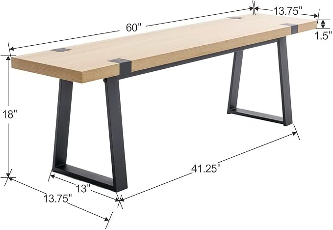 BESTANO Wooden Dining Bench 60” Industrial Table Benches, Seating Chair Rustic Indoor Benches, Mid Century Kitchen Bench with Metal Legs, Light Oak