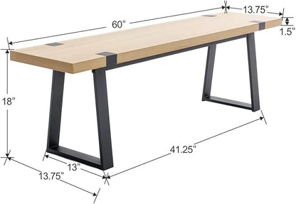 BESTANO Wooden Dining Bench 60” Industrial Table Benches, Seating Chair Rustic Indoor Benches, Mid Century Kitchen Bench with Metal Legs, Light Oak