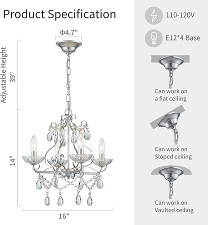 WUZUPS Crystal Candle Chandelier Pendant Flushmount Ceiling Light Modern Lighting Fixture for Bedroom Hallway Bar Kitchen Bathroom, H 14" x W 16", Silver, E12 Base