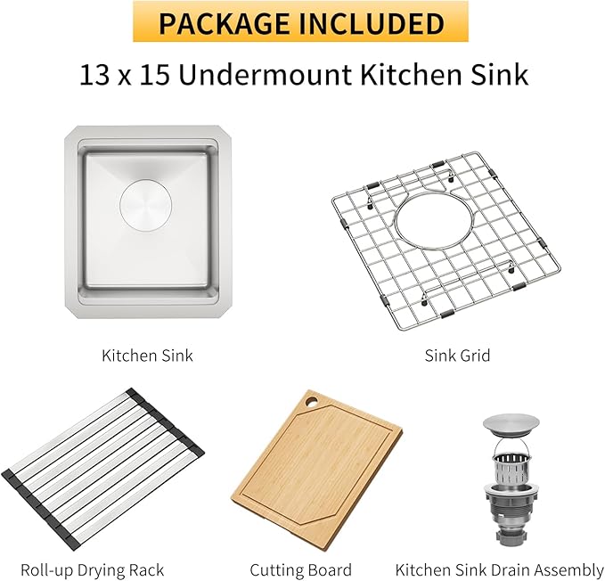 Undermount Bar Sink, 16 Gauges 304S Stainless Steel Workstation Sinks with Accessories, 13" x 15" x 10" Small Kitchen Sink for RV,Outdoor,Kitchen,Bathroom and Wetbar
