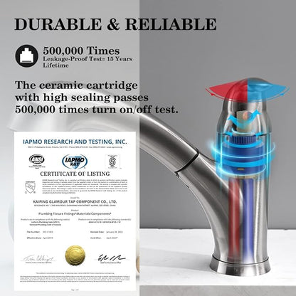 Kitchen Faucet with Sprayer, Brushed Nickel Kitchen Sink Faucet with Pull Out Sprayer, Single Handle 1 Hole Kitchen Faucets Solid Brass Commercial RV Kitchen Faucet 2 Modes & 150°Rotation & No Lead
