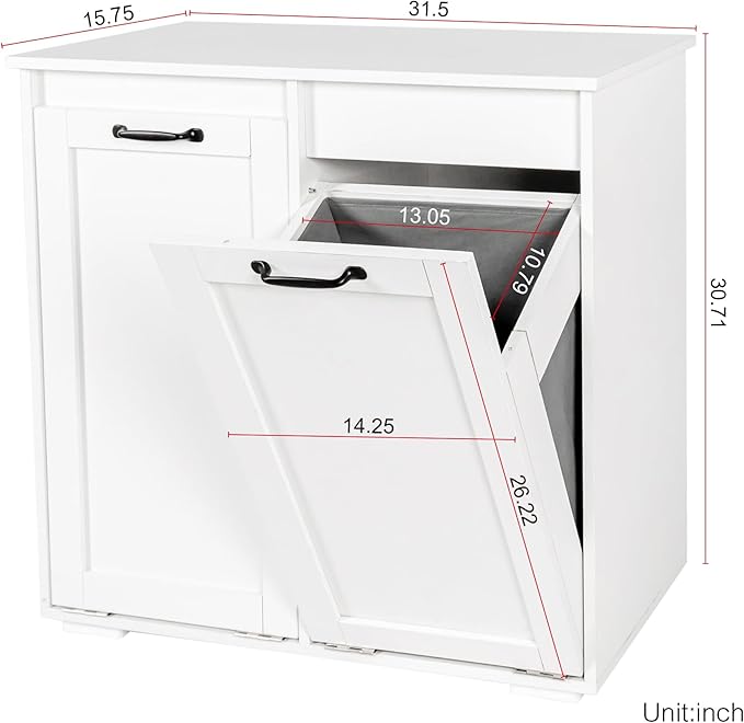 KEIKI Double Tilt Out Laundry Hamper Cabinet, with 2 Removable Liner Bags, Double Doors Hidden Hamper w/Metal Handles, Free Standing Wood Laundry Sorter Floor Cabinets for Bathroom,White, (Style A)