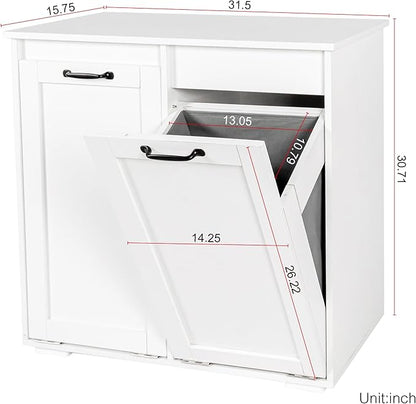 KEIKI Double Tilt Out Laundry Hamper Cabinet, with 2 Removable Liner Bags, Double Doors Hidden Hamper w/Metal Handles, Free Standing Wood Laundry Sorter Floor Cabinets for Bathroom,White, (Style A)