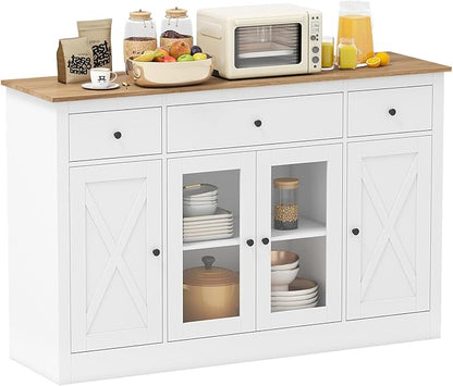 Giantex 55" Sideboard Buffet Cabinet with Storage, Modern Farmhouse Kitchen Storage Cabinet w/3 Drawers, Adjustable Shelves, 2 Barn Doors & 2 Glass Doors, White Sideboard for Living Room, Coffee Bar