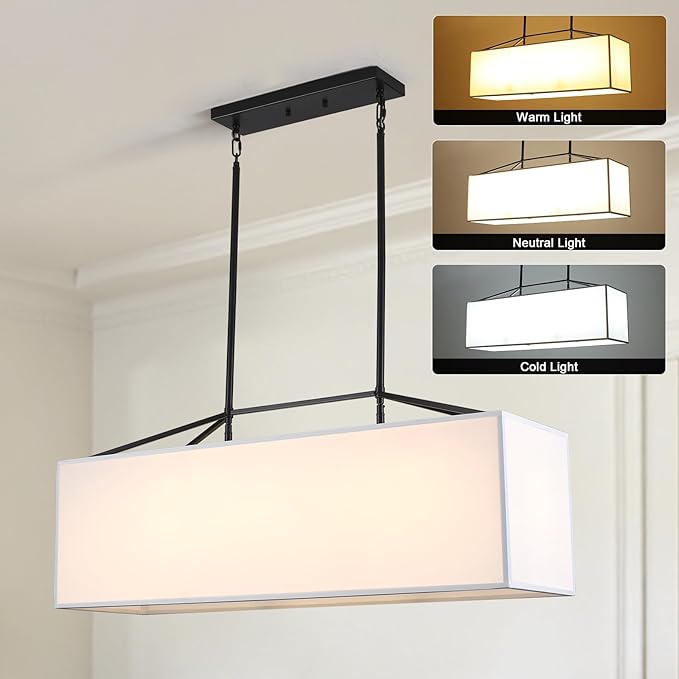 Dining Room Light Fixture Black Chandelier for Entryway 7-Light Large Linear Rectangle Island Lighting White Fabric Kitchen Pendant Light for Kitchen Bedroom Foyer Living Room