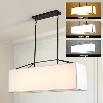 Dining Room Light Fixture Black Chandelier for Entryway 7-Light Large Linear Rectangle Island Lighting White Fabric Kitchen Pendant Light for Kitchen Bedroom Foyer Living Room