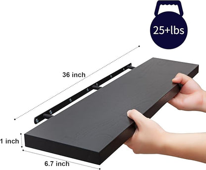 SAUMONIERES Floating Wall Shelves for Bedroom Bathroom Wall Mounted Solid Wood 36 Inches Long Shelf Set of 2, Black Floating Shelves