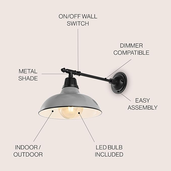 JONATHAN Y 12.25" Gray/Black 1-Light Industrial Farmhouse Outdoor Sconce, Iron Wall Light with LED Bulb, Metal Bowl Shade, Vintage Porch Lamp for Entryway Patio Kitchen (JYL7615D)