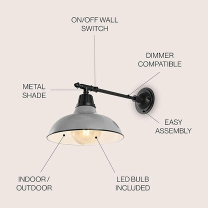 JONATHAN Y 12.25" Gray/Black 1-Light Industrial Farmhouse Outdoor Sconce, Iron Wall Light with LED Bulb, Metal Bowl Shade, Vintage Porch Lamp for Entryway Patio Kitchen (JYL7615D)