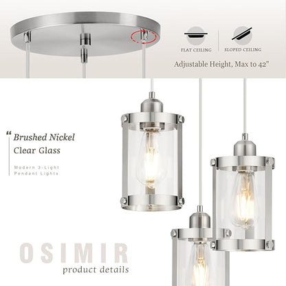 3-Light Pendant Lighting, Brushed Nickel Dining Room Chandelier Light Fixture Over Table with Clear Glass, Modern Cluster Hanging Lights for Kitchen Island Sink, OS-3014-3BN