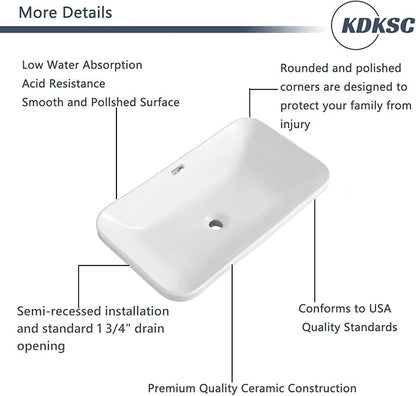 Bathroom Vessel Sink 27.3" X 15.5" Semi Recessed Bathroom Sink Rectangular Drop In Bathroom Sinks with Overflow White Ceramic Vessel Sinks for Bathroom Modern Above Counter Basin Vanity Sink