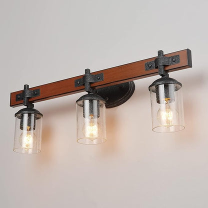 GLOBE Electric 51854 Kingston 3-Light Vanity Light, Dark Faux Wood, Galvanized Metal Accents, Clear Seeded Glass Shade, Bulb Not Included