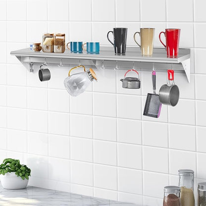 Hally Stainless Steel Shelf with 9 Hooks 18" x 60" Wall Mounted Pot Rack 450lb, NSF Commercial Floating Shelving for Storage Hanging Pots, Pans, cookware in Restaurant, Kitchen, Home and Hotel