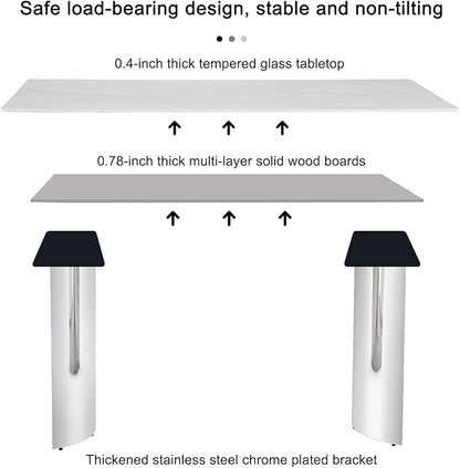 gopop 71'' Modern Dining Table for 6,Marble Dining Table with 0.39-Inch Thick Glass Tabletop and Chrome-Plated Stainless Steel Base,White Large Dinner Table Ideal for Kitchen Home Office
