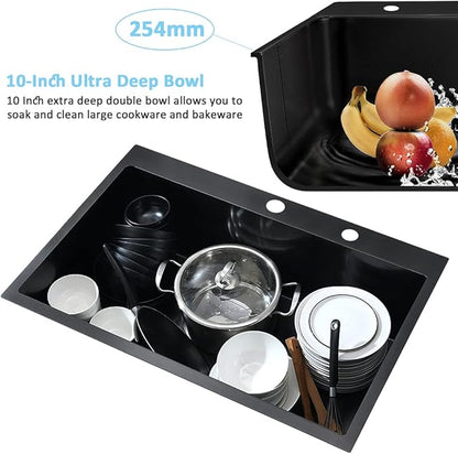 33-Inch Black Stainless Steel Drop-In Kitchen Sink - 33x22 Topmount Single Bowl With Dish Grid & Roll Up Rack - 16 Gauge Deep Matte Black