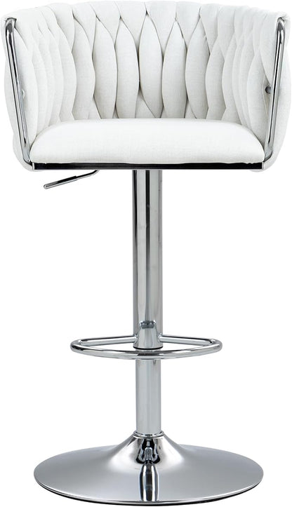 360° Fabric Cover Swivel Bar Stools Set of 2, Adjustable Counter Height Bar Chairs with Woven Back Footrest,Silver Chromed Bar Stools for Kitchen Island, Cafe, Pub (Beige)