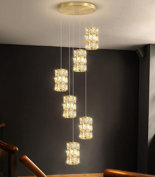 6-Lights Modern Crystal Pendant Lights for Kitchen Island LED Dimmable Glam Pendant Lighting Chandelier for Dining Room Hallway Corner Lamp Gold