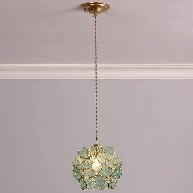 Bieye L10743 Petals Tiffany Style Stained Glass Ceiling Pendant Light with 8-inch Wide Lampshade (Textured Aqua Blue, 8" Cherry Blossom)