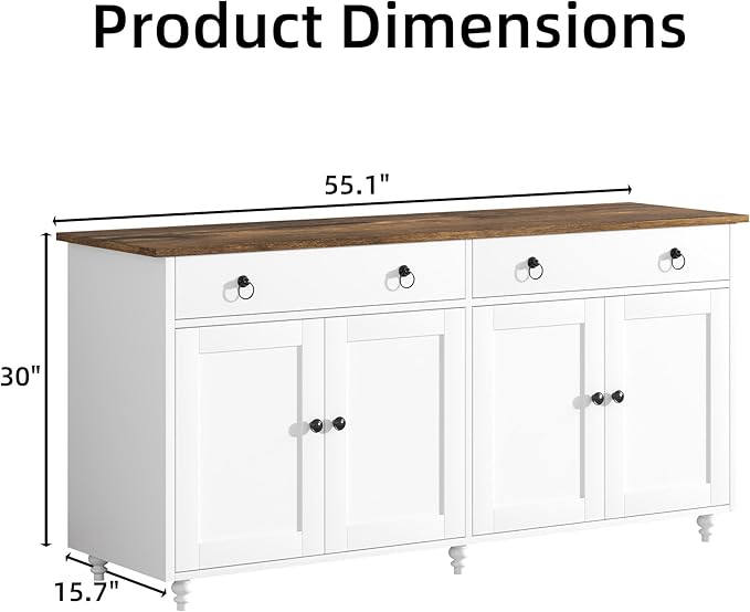 4 EVER WINNER 55" Large Buffet Cabinet with Storage, mid-Century Modern Coffee Bar Cabinet with 2 Drawers, 4 Doors & Adjustable Shelves, White Sideboard for Kitchen, Dining Room