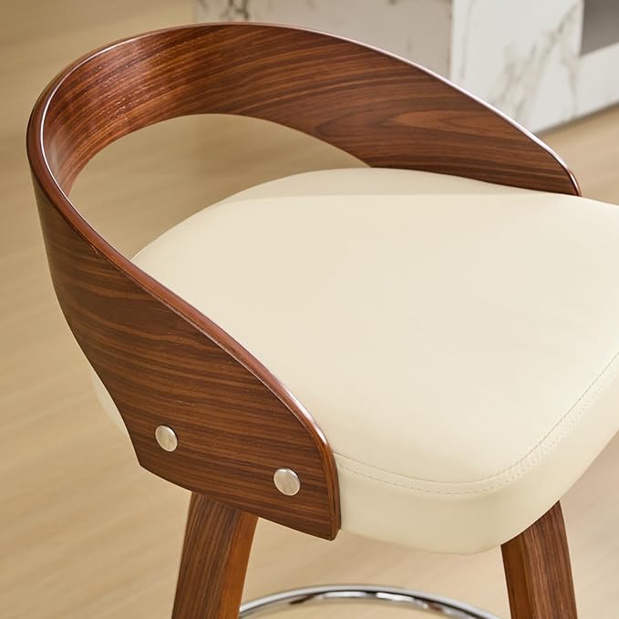Bar Stools Set of 2, Mid Century Modern Swivel Stools with Low Back, 25" Counter Height Wooden Bar Chairs with Soft Faux Leather Cushion, for Kitchen Island, Bar & Home,Beige