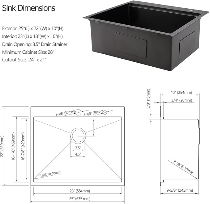 25 Black Drop in Kitchen Sink, Luckyhorse 16 Gauge Nano Black Stainless Steel 25x22 Deep Drop In Workstation Kitchen Sink LH004SB