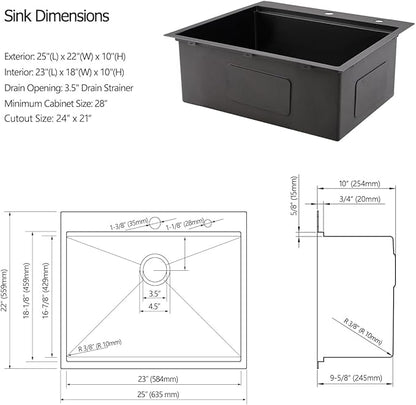 25 Black Drop in Kitchen Sink, Luckyhorse 16 Gauge Nano Black Stainless Steel 25x22 Deep Drop In Workstation Kitchen Sink LH004SB