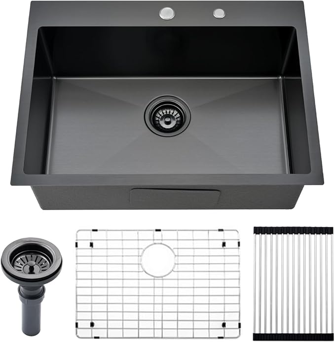 26 inch Black Drop in Kitchen Sink - VOKIM 26"x 19" Inch Drop in sink Stainless Steel Single Bowl top mount Sink With Dish Grid