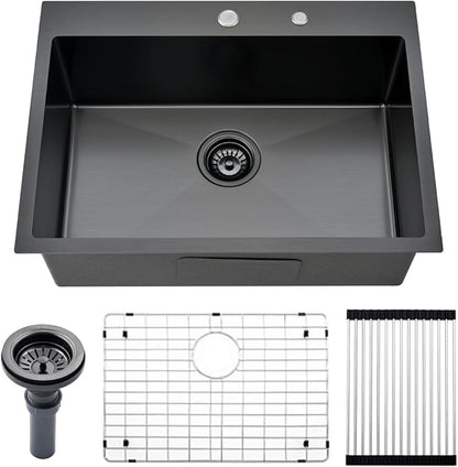 26 inch Black Drop in Kitchen Sink - VOKIM 26"x 19" Inch Drop in sink Stainless Steel Single Bowl top mount Sink With Dish Grid