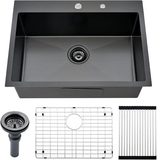 26 inch Black Drop in Kitchen Sink - VOKIM 26"x 19" Inch Drop in sink Stainless Steel Single Bowl top mount Sink With Dish Grid
